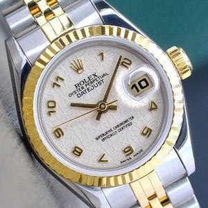 ROLEX LADIES DATEJUST 18K GOLD STEEL WATCH 69173 BEIGE JUBILEE DIAL FLUTED 26MM